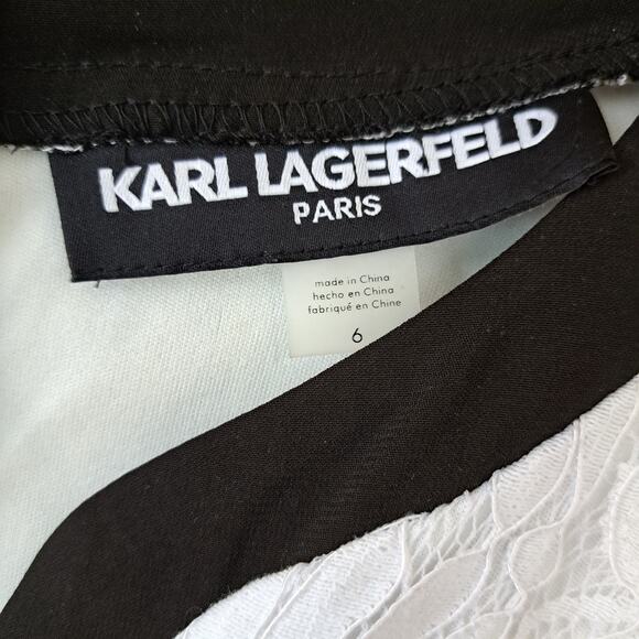 Karl Lagerfeld White Lace Sleeveless Sheath Dress Size 6 Black Contrast Trim Bow - Picture 3 of 10
